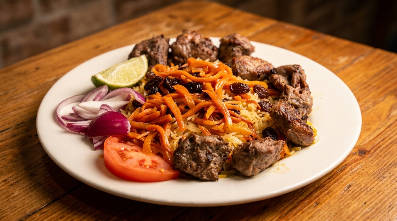 A plate of rice pilaf with grilled meat, shredded carrots, raisins, red onion, tomato, and lime.