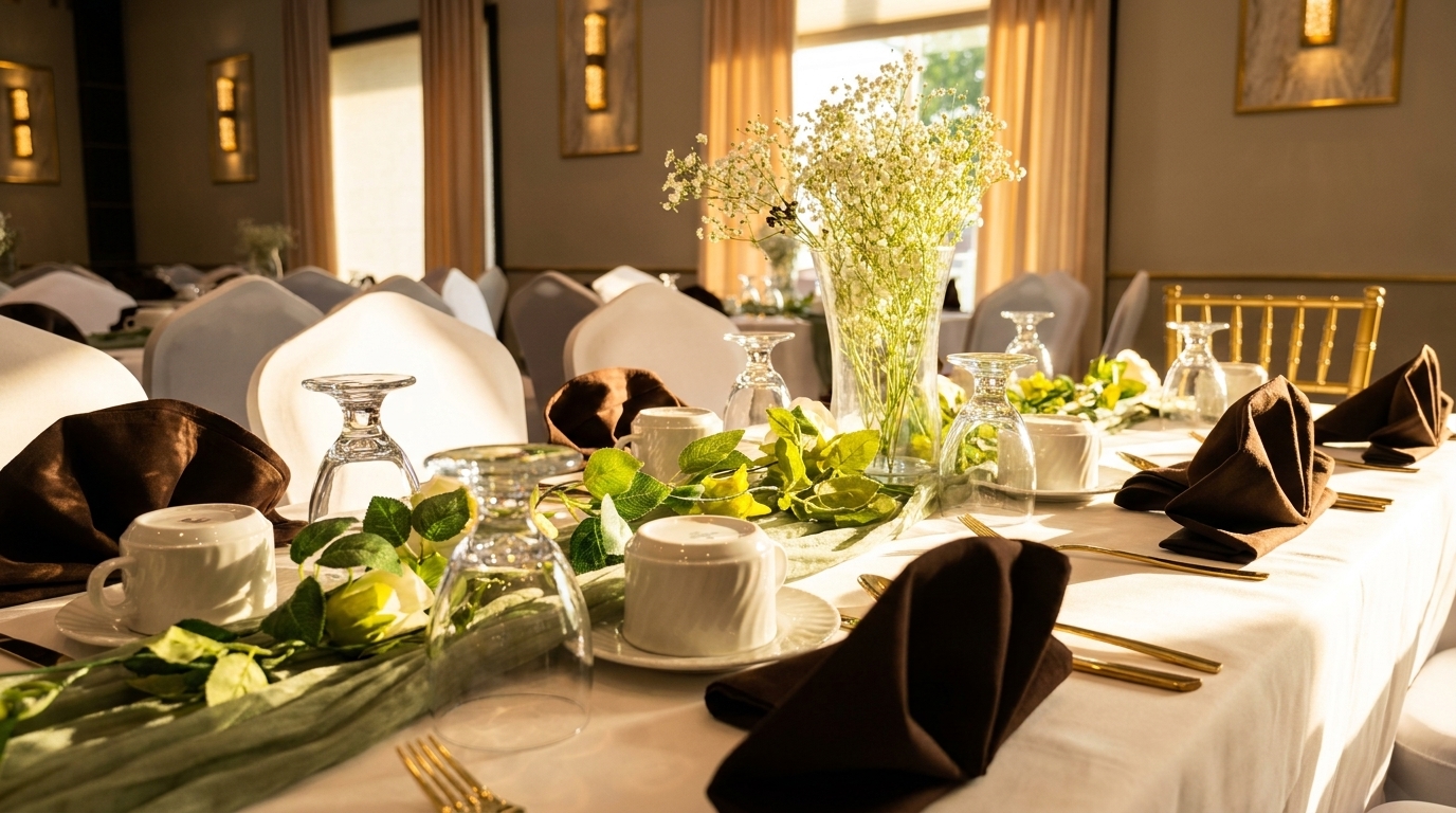 Elegantly set dining table with white tablecloth, brown napkins, gold cutlery, and floral centerpieces.