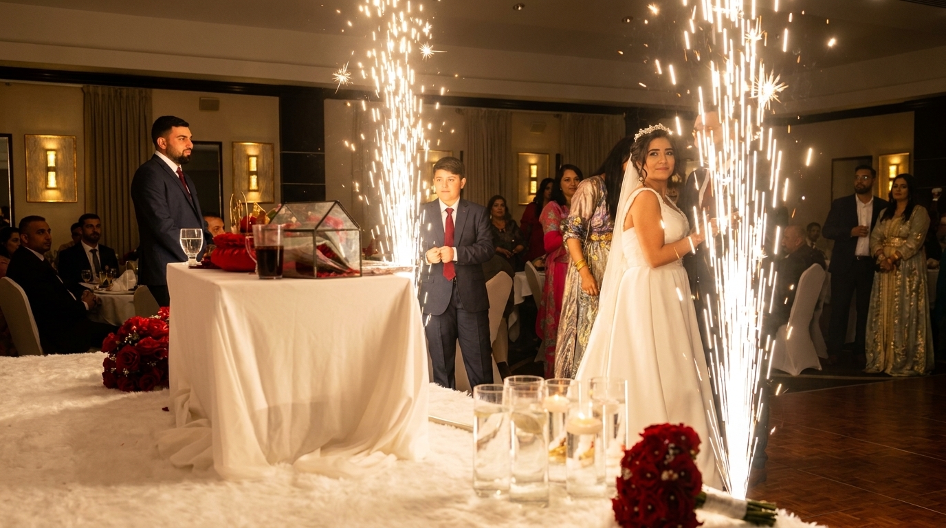 A bride and groom stand with guests as indoor fireworks illuminate their wedding reception.