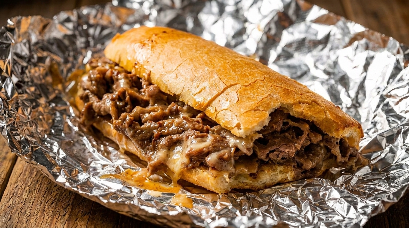 A delicious cheesesteak sandwich with melted cheese and steak on a hoagie roll, wrapped in foil.