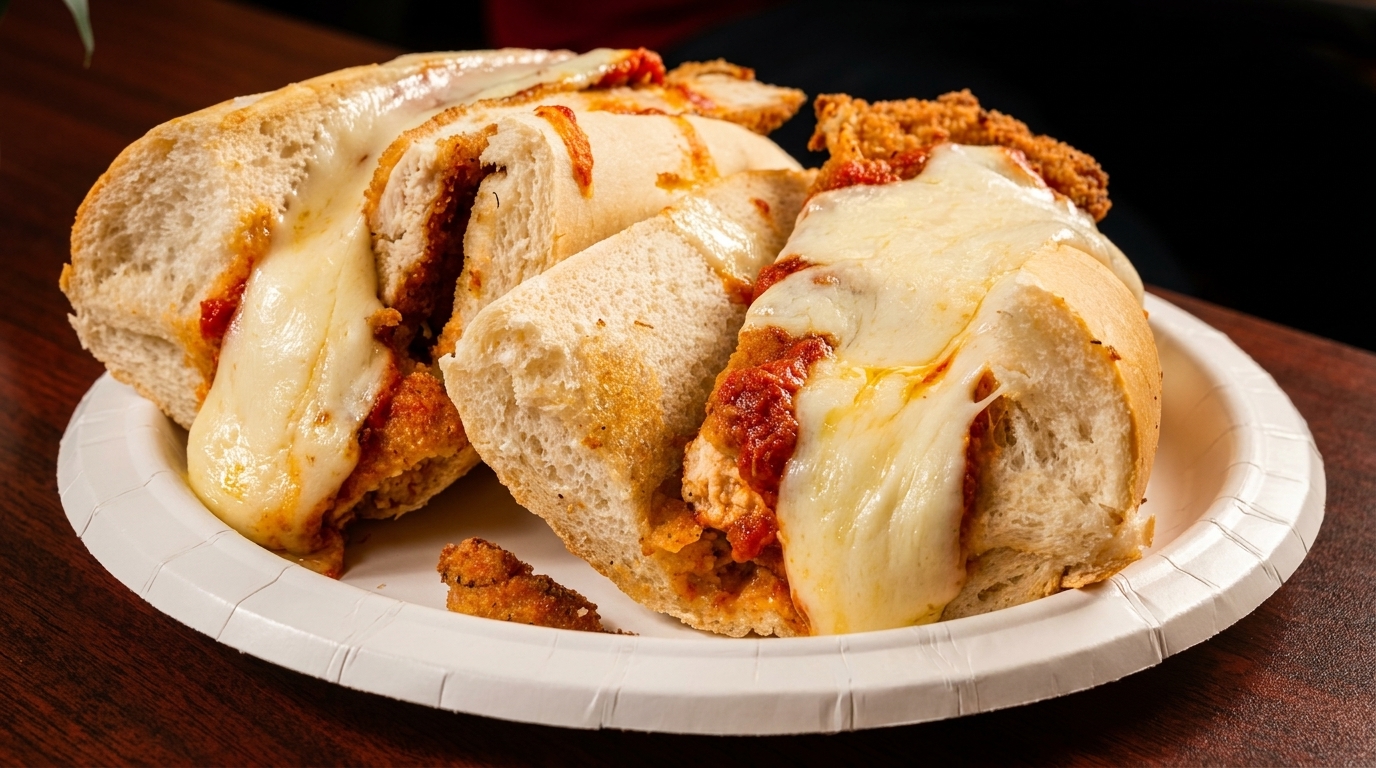 Chicken parmesan hero sandwich with melted mozzarella cheese and marinara sauce on a white paper plate.