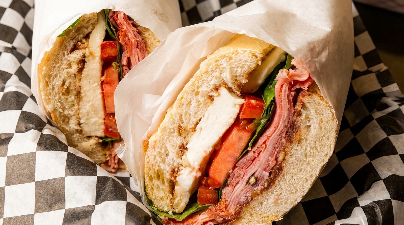 Two deli sandwiches with meat, cheese, tomatoes, and lettuce, wrapped in paper on checkered paper.