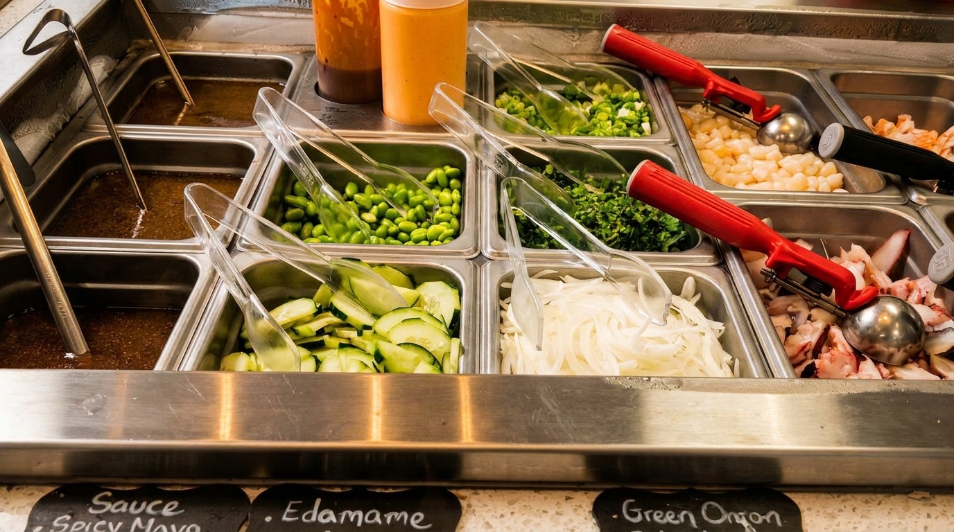 A self-serve buffet with various toppings including sauces, edamame, cucumbers, onions, and seafood.