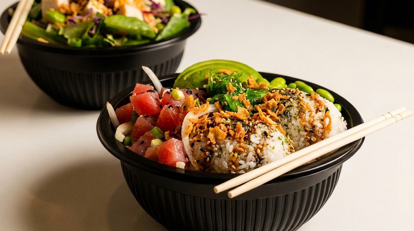 Two black bowls of poke, one with tuna and rice, the other a chicken salad.