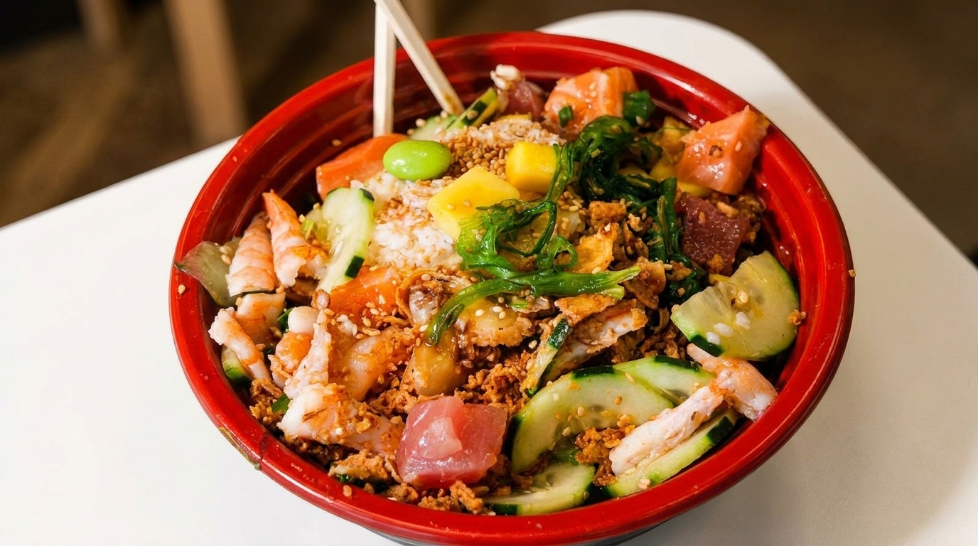A vibrant poke bowl in a red bowl, filled with shrimp, tuna, salmon, cucumber, and mango.