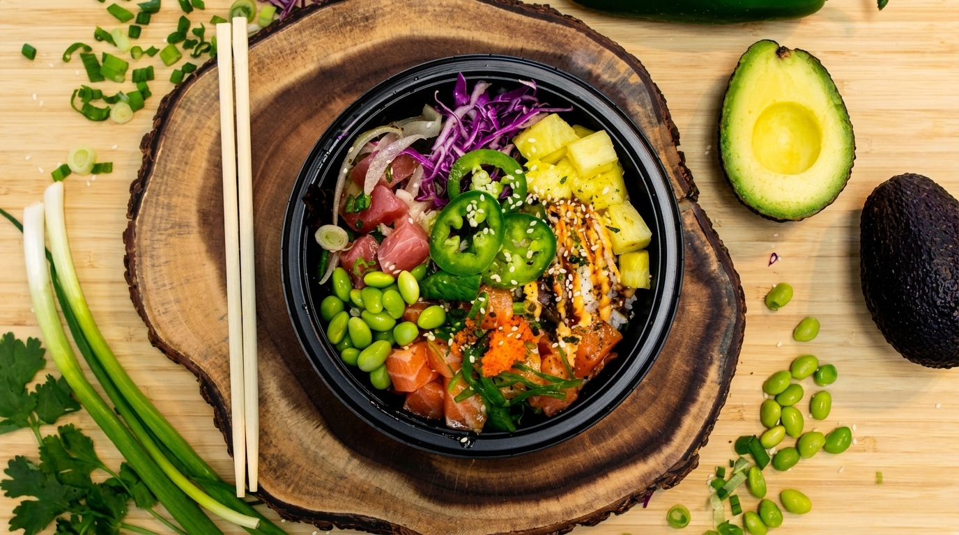 Colorful poke bowl with tuna, salmon, edamame, pineapple, jalapenos, and avocado on a wooden board.