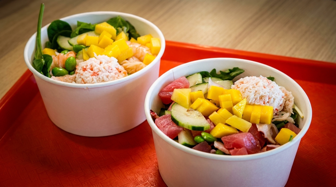 Two colorful poke bowls with seafood, mango, cucumber, and edamame on a red tray.