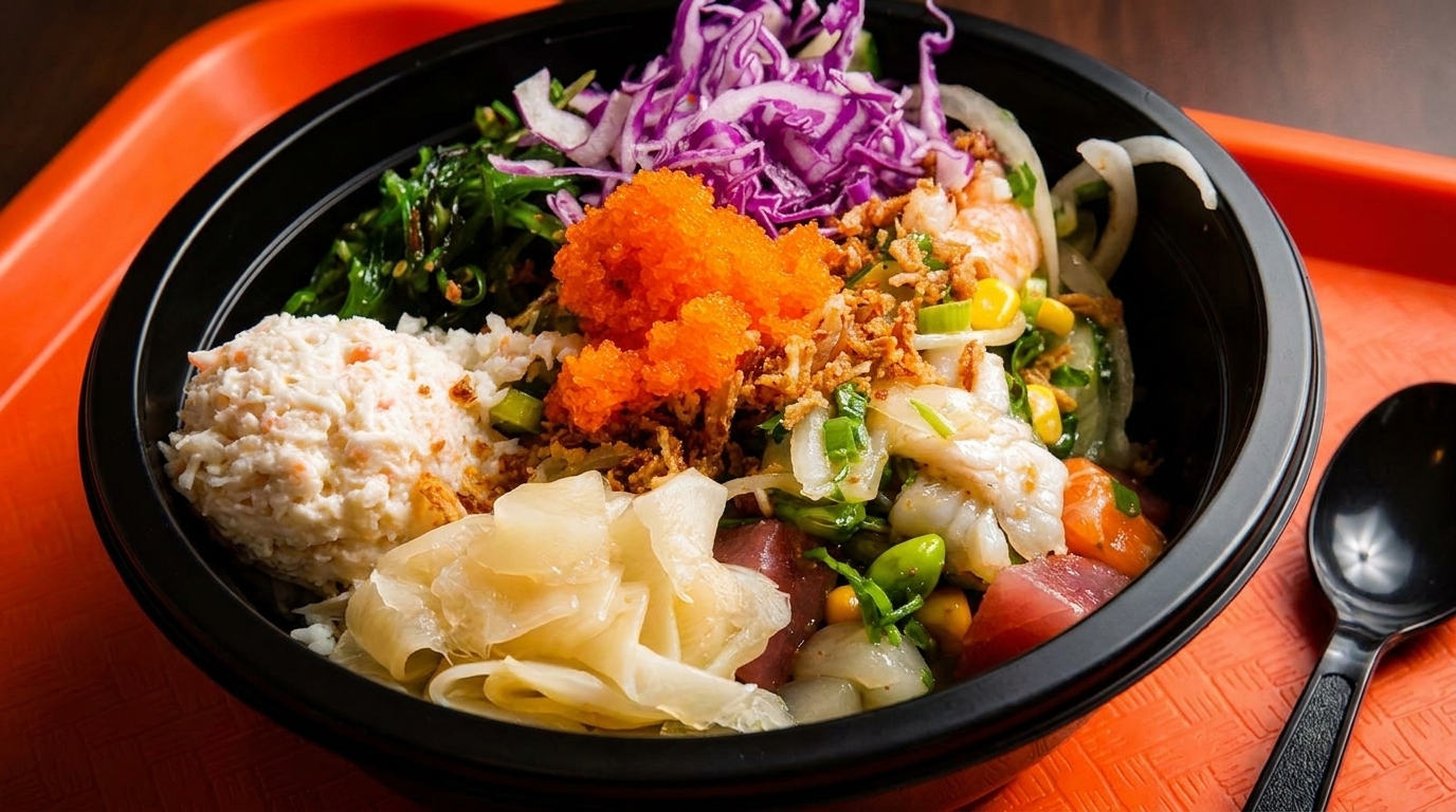 A vibrant poke bowl filled with various toppings, including crab salad, roe, and tuna.