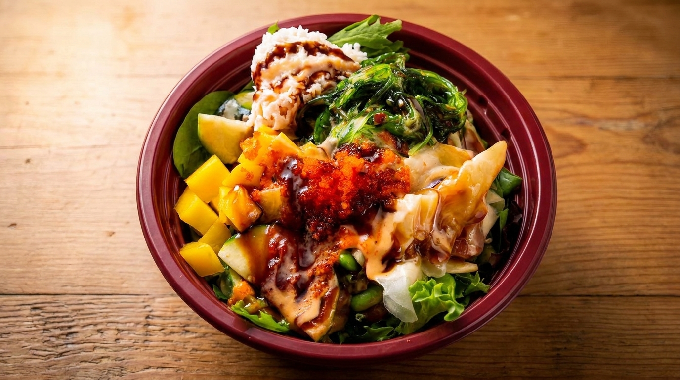 A colorful poke bowl with rice, seaweed, mango, and various toppings in a red bowl.
