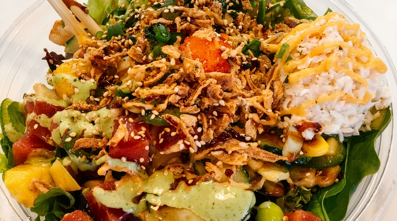A vibrant poke bowl with tuna, rice, mango, avocado, crispy onions, and two sauces.