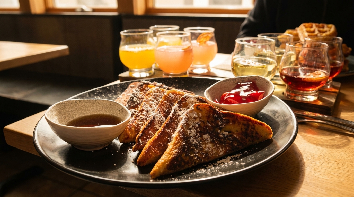 French toast with powdered sugar, syrup, and jam, alongside various colorful drinks on a table.