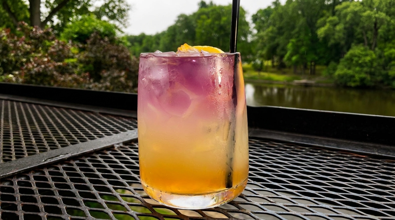 Purple and yellow layered cocktail with a lemon slice and straw on a metal table overlooking a lake.