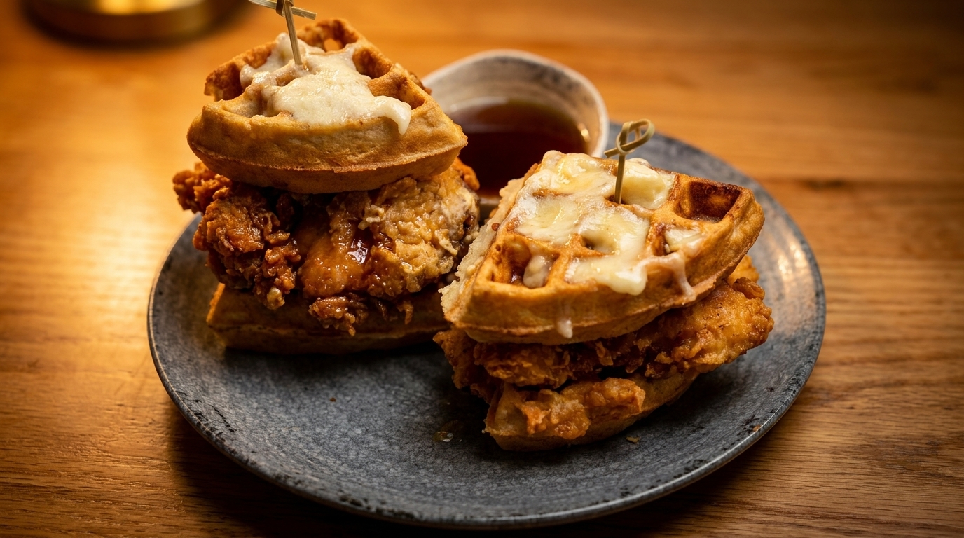 Two chicken and waffle sandwiches, topped with melted cheese and syrup, on a grey plate.