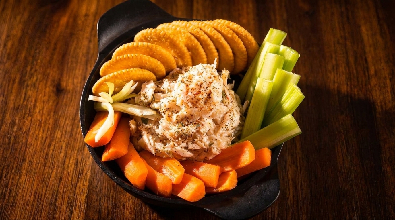 A black bowl filled with crab dip, crackers, carrot sticks, and celery on a wooden table.