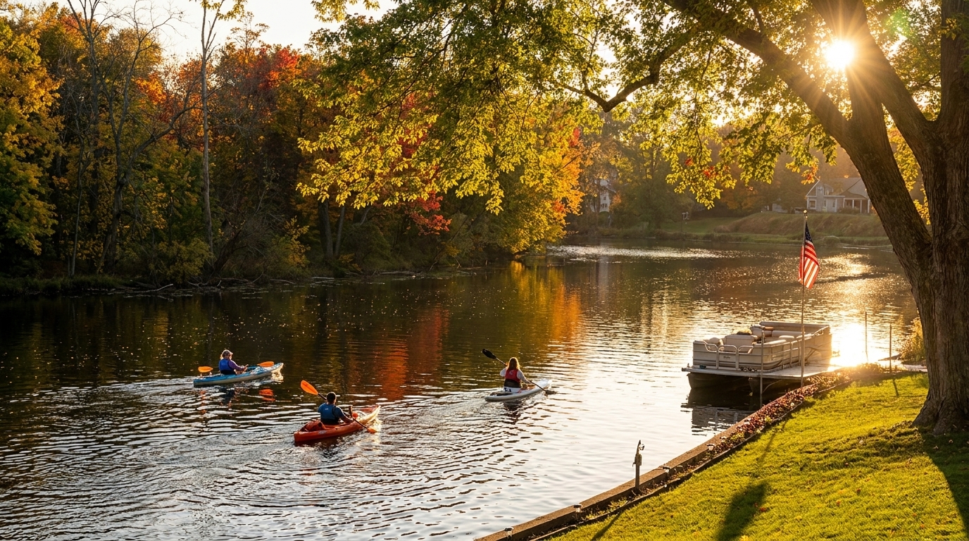 Three people kayaking on a sunlit lake with vibrant autumn trees and a docked boat.