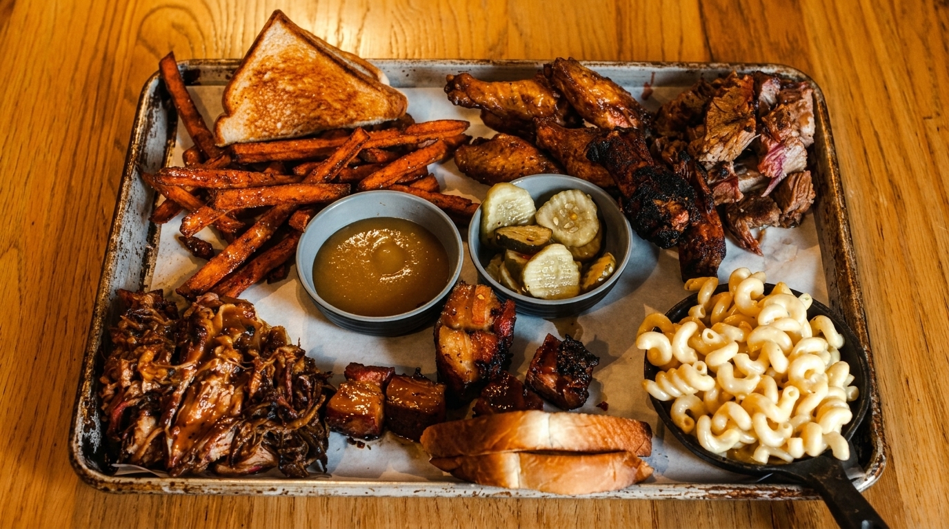 A large platter of barbecue meats, sweet potato fries, mac and cheese, pickles, and toast.