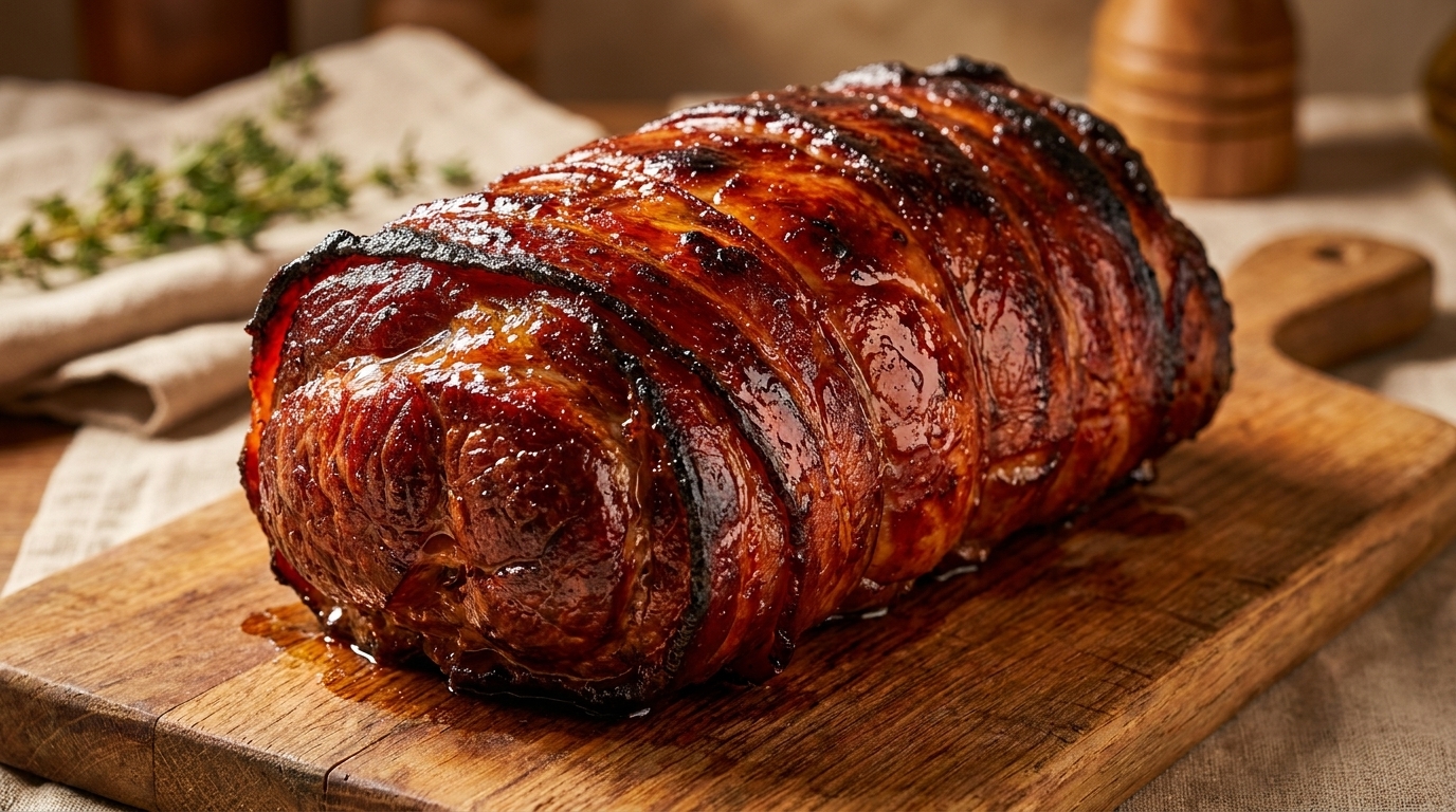 A glistening, roasted pork loin with a crispy, dark brown skin rests on a wooden cutting board.