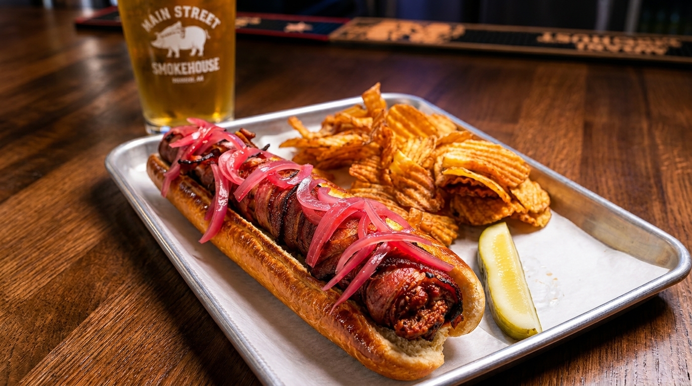 A Main Street Smokehouse hot dog with pickled onions, chips, and a pickle spear on a tray.