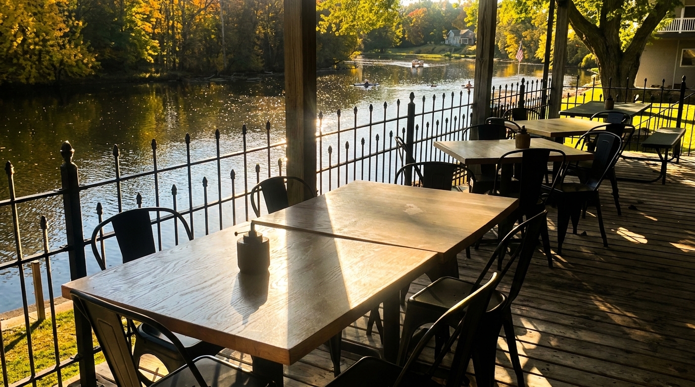 Sunlight streams across an outdoor dining deck with tables and chairs overlooking a river with boats.