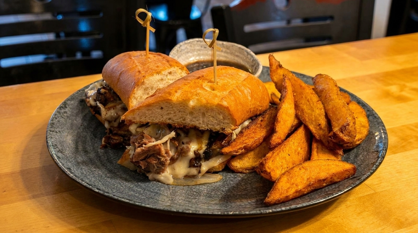 A Philly cheesesteak sandwich with melted cheese and onions, served with potato wedges and au jus.