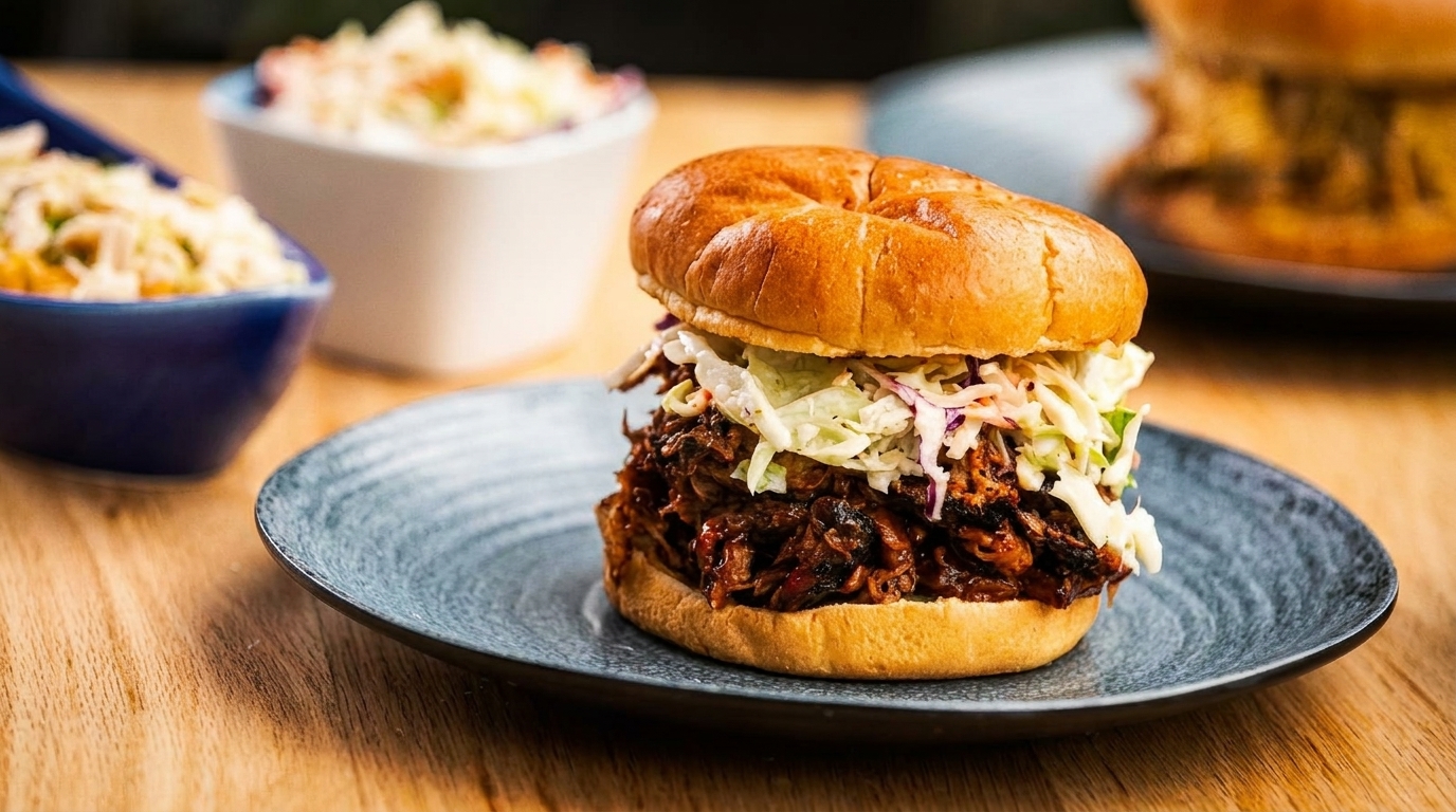 Pulled pork sandwich with coleslaw on a bun, served on a dark plate with sides.