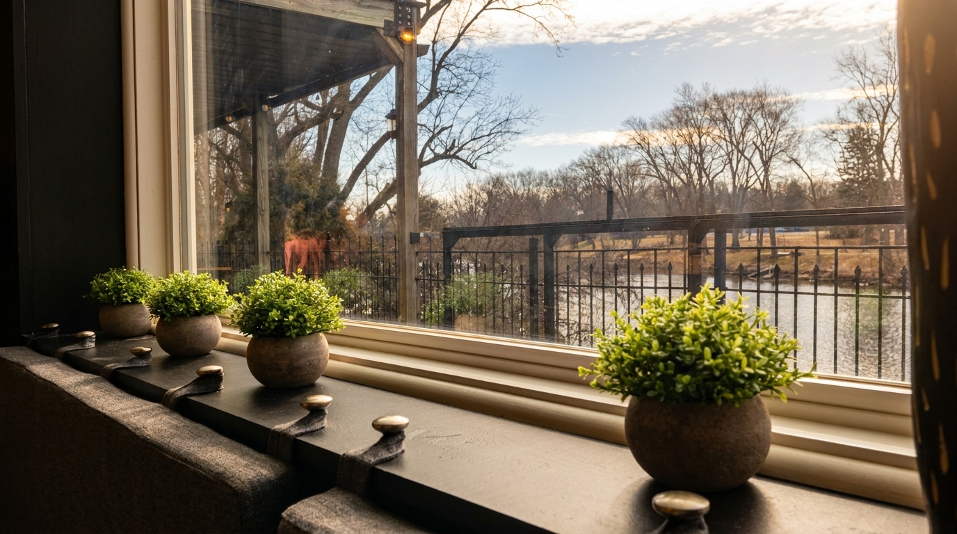 Potted green plants on a window ledge overlooking a river and trees on a sunny day.