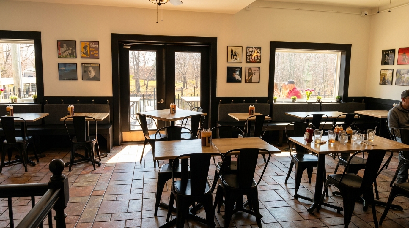 Bright restaurant interior with wooden tables, black chairs, booth seating, and framed art on white walls.