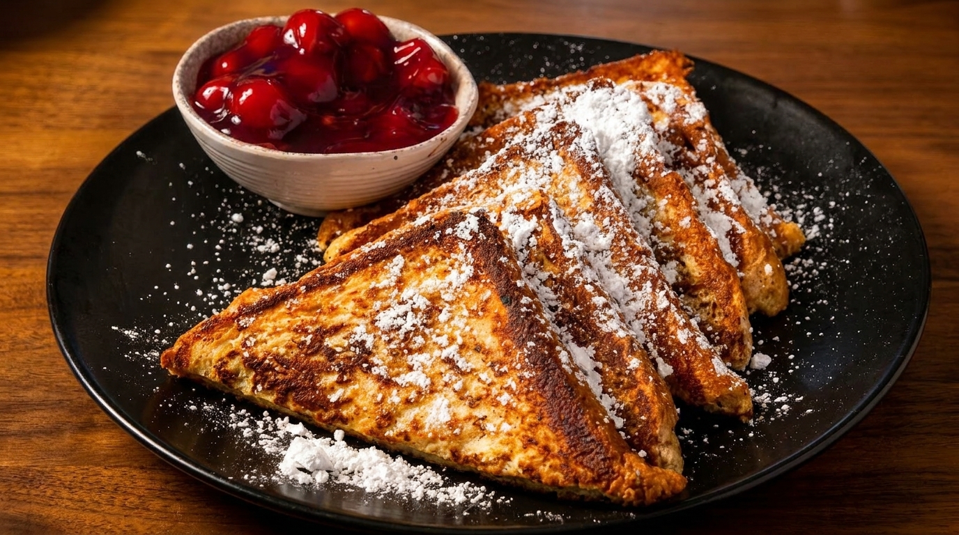 Golden French toast triangles dusted with powdered sugar, served with a side of cherry compote.