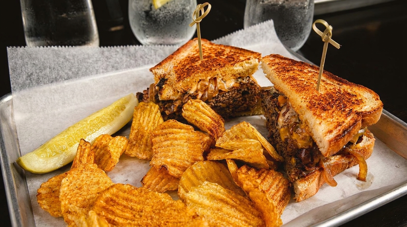 Two grilled cheese sandwiches with meat, caramelized onions, chips, and a pickle spear on a tray.
