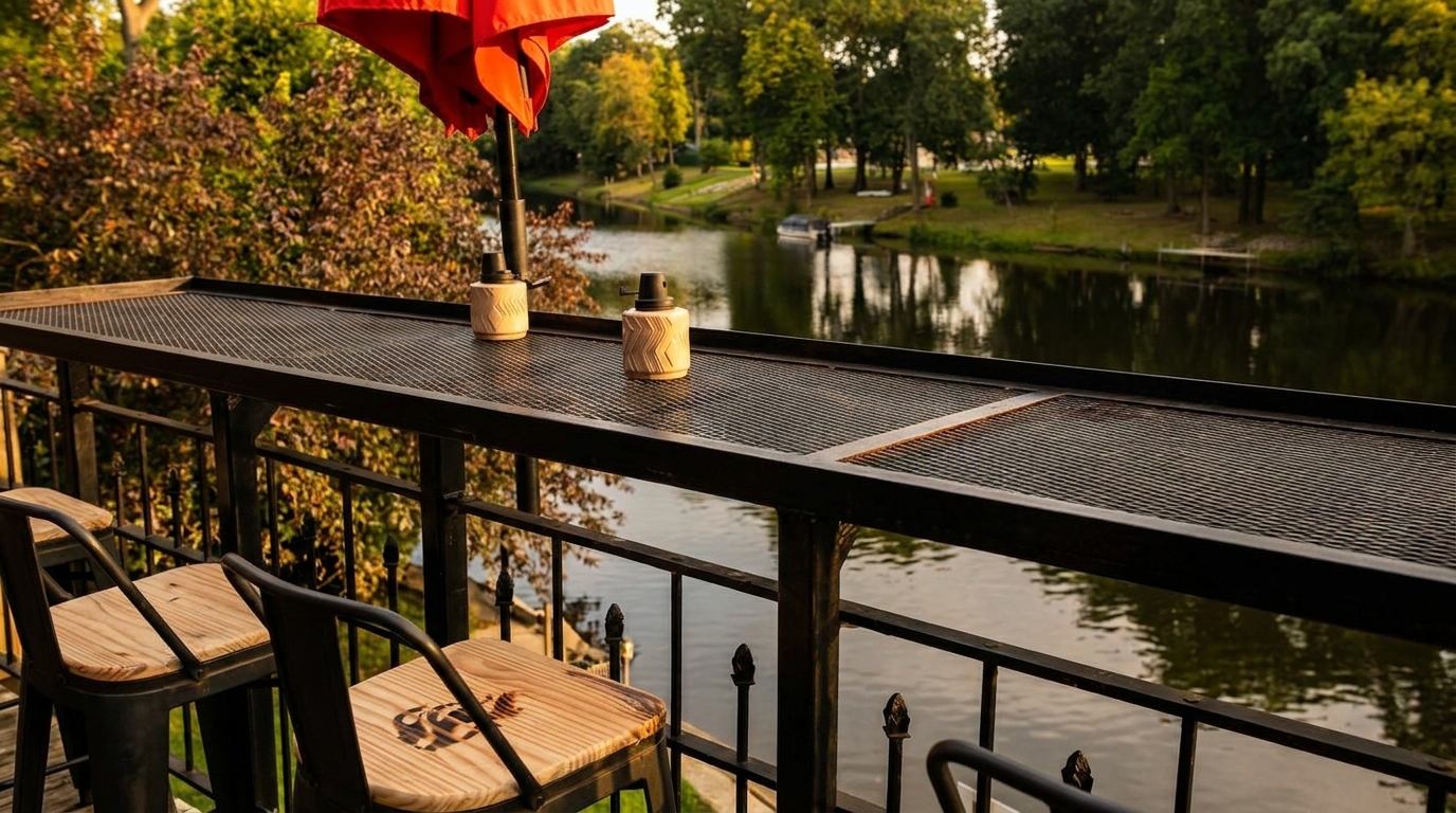 Outdoor patio bar overlooking a serene river with lush green trees and a red umbrella.