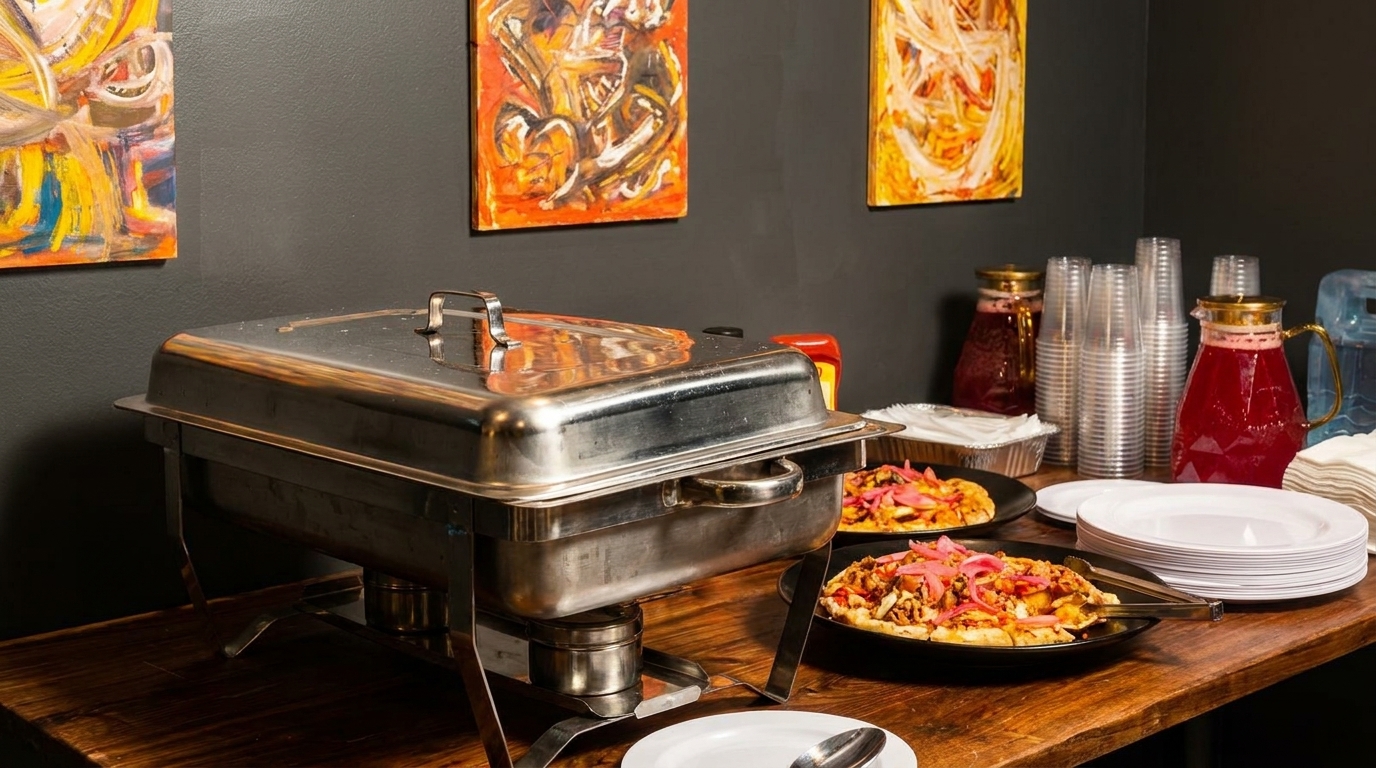 A buffet table with a chafing dish, pizzas, drinks, plates, and cups against a dark wall with art.