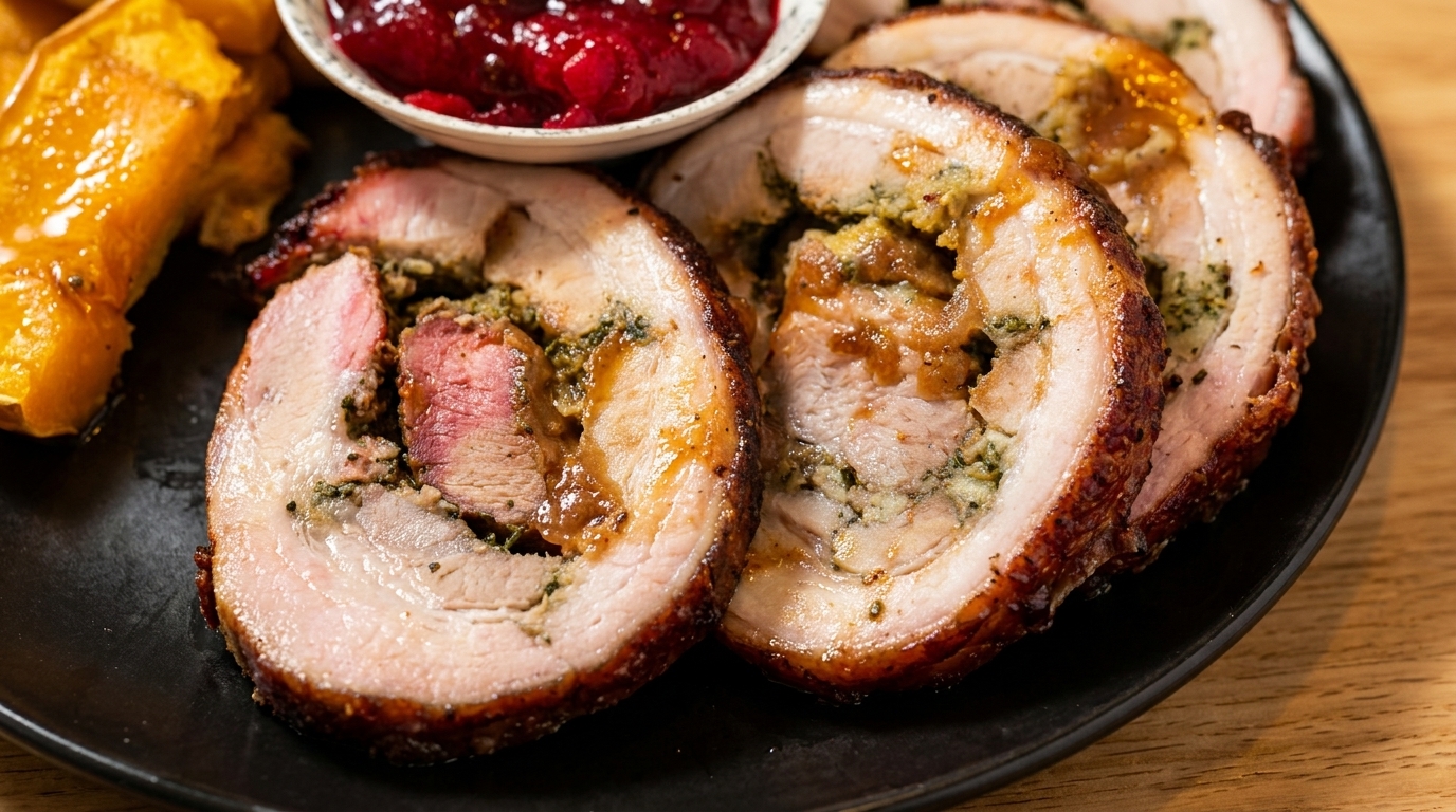 Slices of roasted pork belly roulade with stuffing, cranberry sauce, and glazed sweet potatoes.