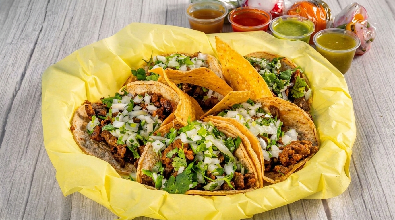 A basket of six street tacos with meat, onions, and cilantro, alongside various salsas.