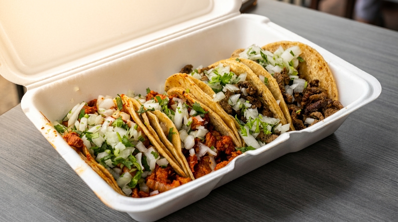An open white takeout container filled with six street tacos, topped with diced onions and cilantro.