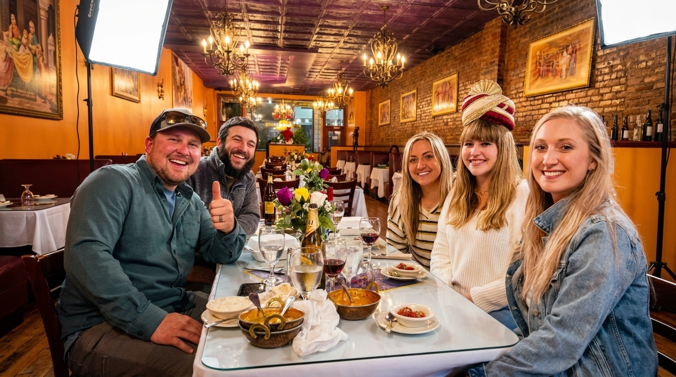 Five smiling people enjoying a meal at a table in a warmly lit Indian restaurant.
