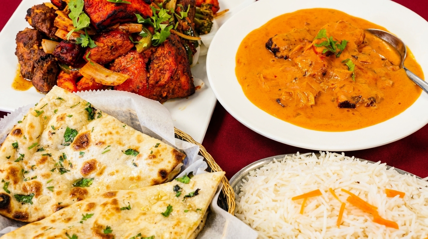 A vibrant Indian feast with chicken tikka, butter chicken, naan bread, and basmati rice.