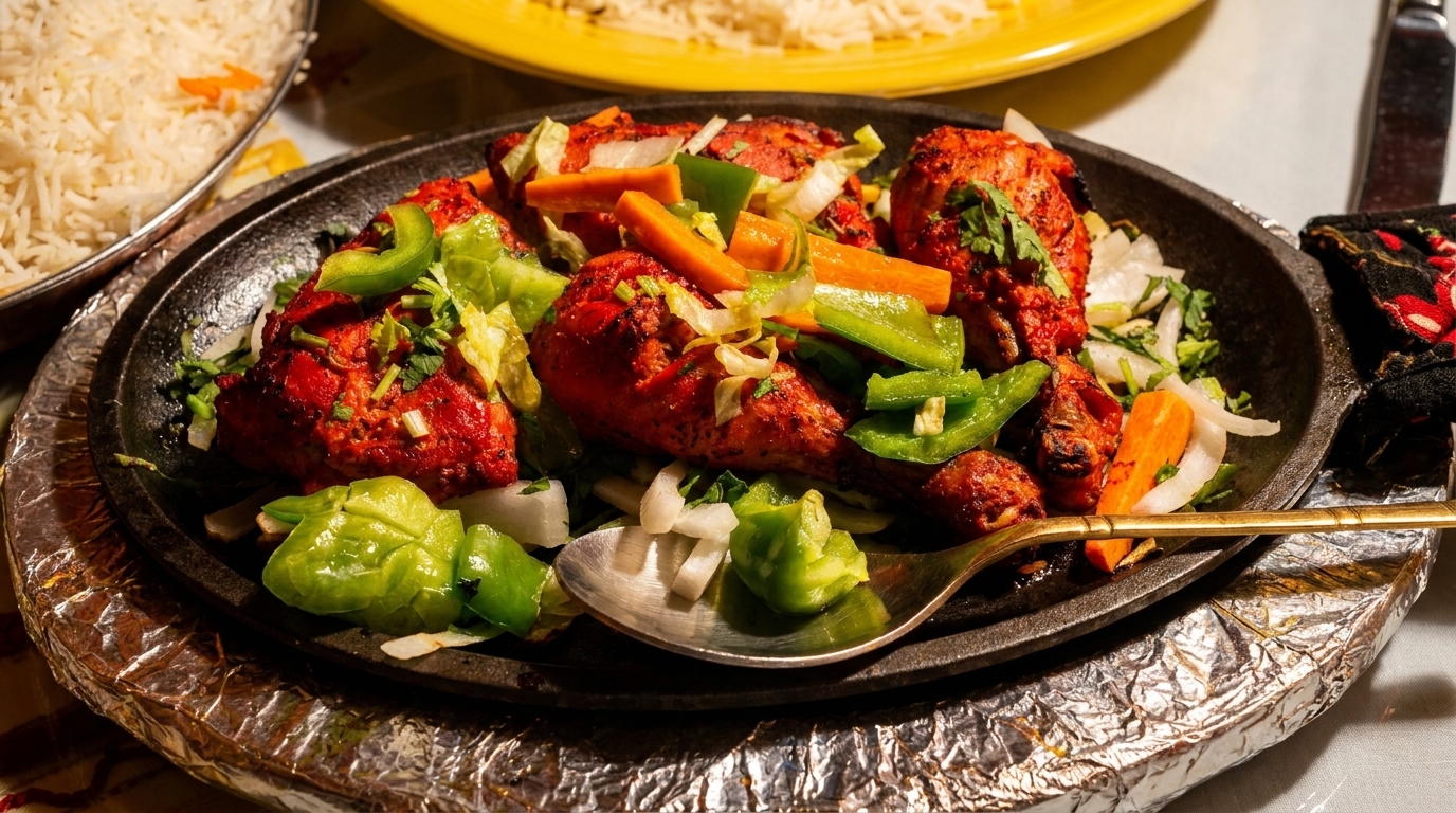Sizzling Tandoori chicken with bell peppers, onions, and carrots in a cast iron pan.