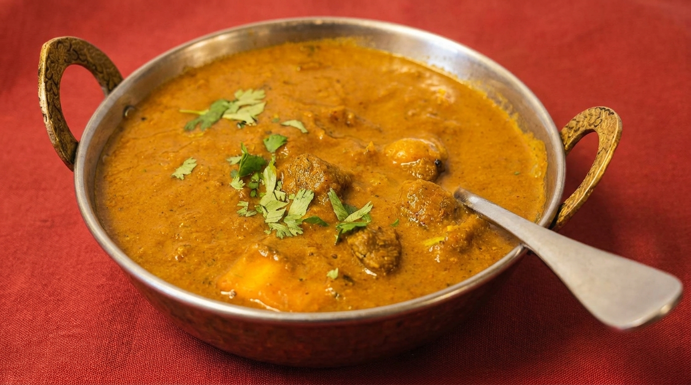 A metal bowl of Indian curry with meat, potatoes, and cilantro on a red tablecloth.
