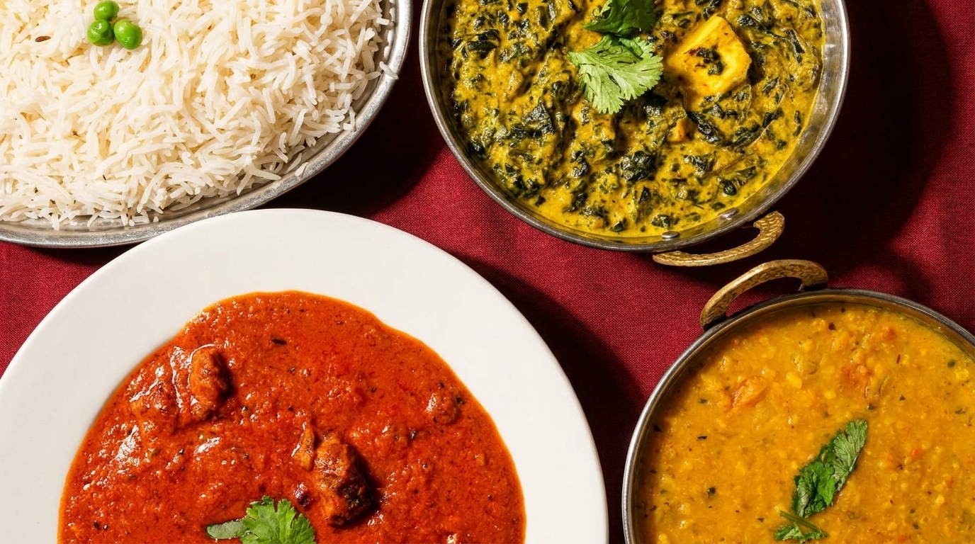 Top-down view of Indian dishes: rice with peas, palak paneer, chicken tikka masala, and dal.