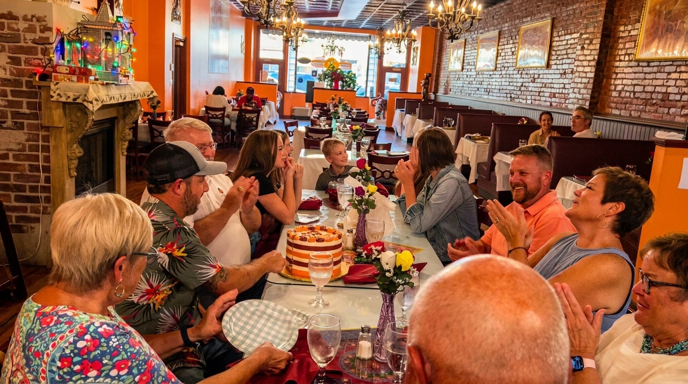 A large group of people celebrating a birthday with a cake at a restaurant table.