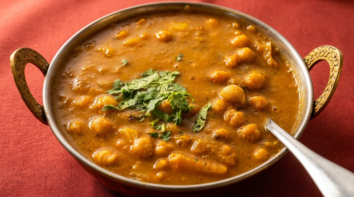 Chana masala, a chickpea curry, in a metal bowl with cilantro garnish on a red tablecloth.