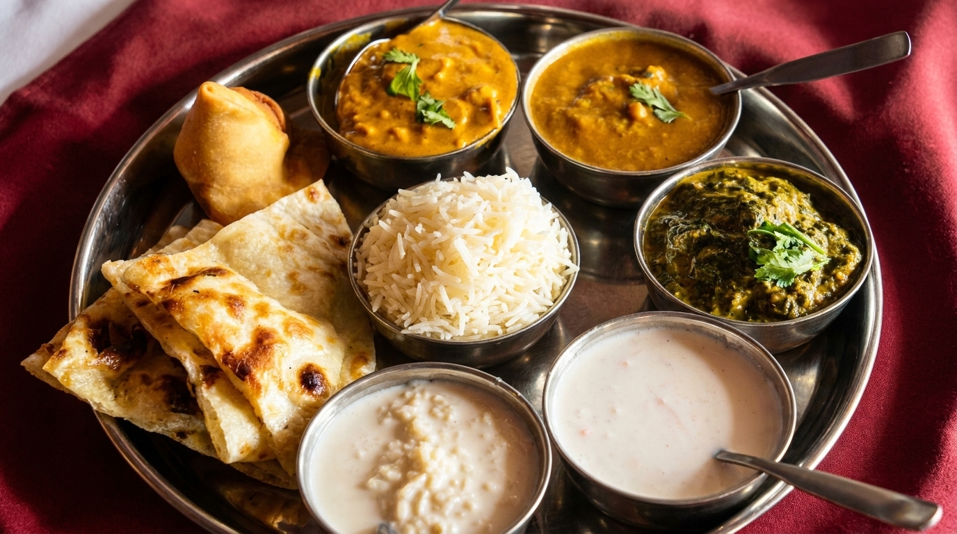 A thali platter with various Indian dishes including curries, rice, naan, samosa, and raita.