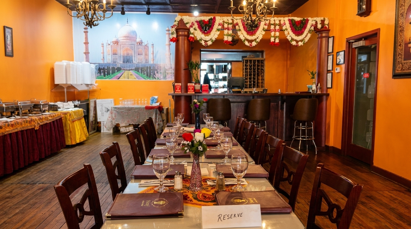 An Indian restaurant dining room with a long reserved table, buffet, bar, and Taj Mahal mural.