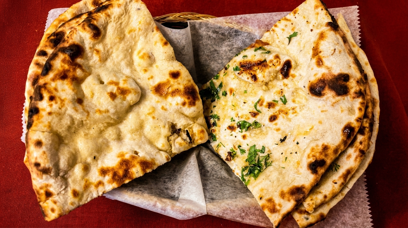 Two baskets of freshly baked naan bread, one plain and one with herbs, on a red tablecloth.
