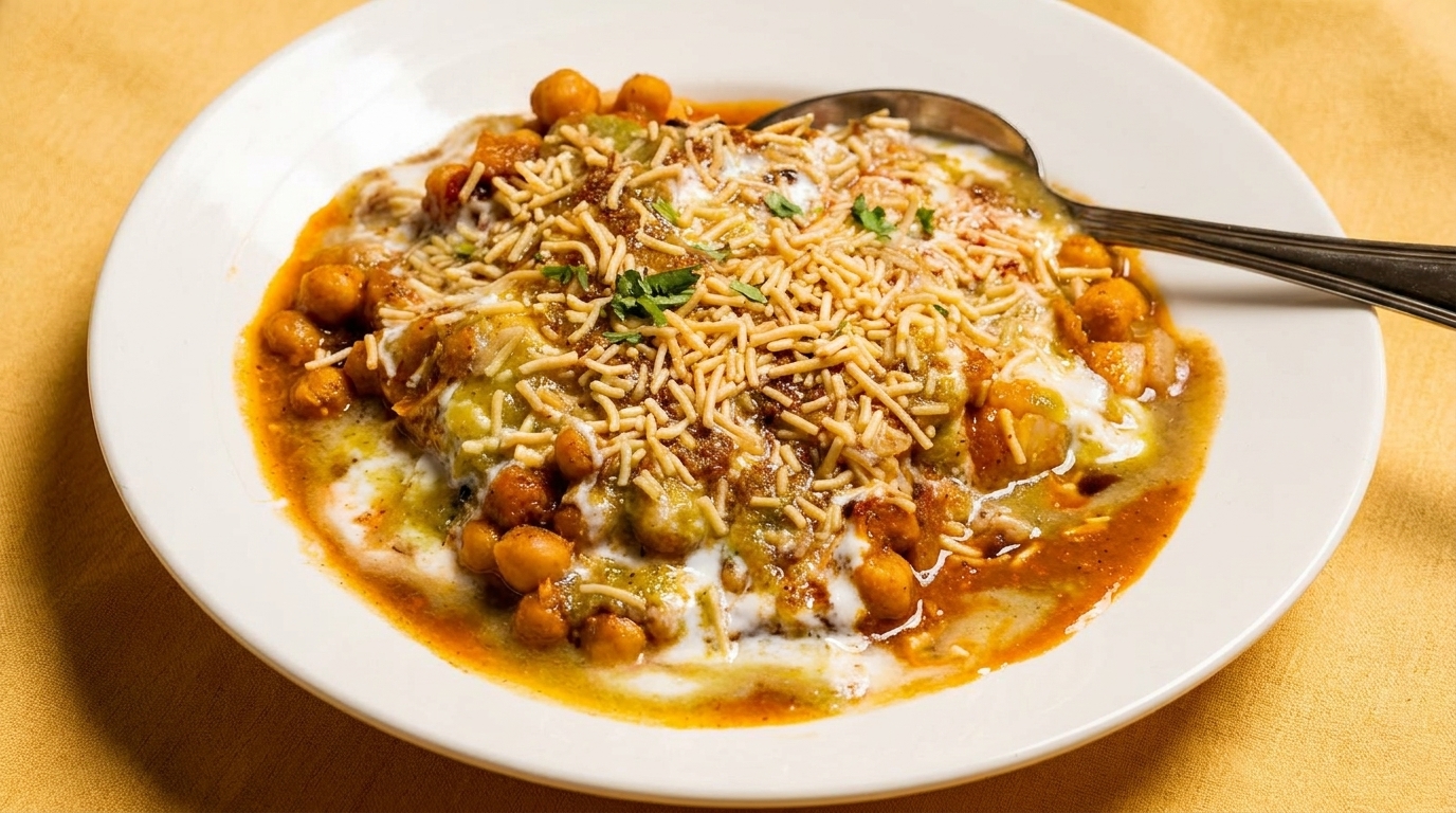 A white plate holds a colorful dish of Indian chaat, topped with chickpeas, sauces, and crispy noodles.