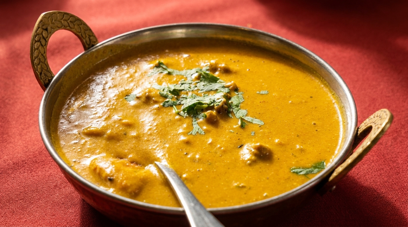 Golden curry with cilantro in a metal bowl with a spoon, on a red tablecloth.