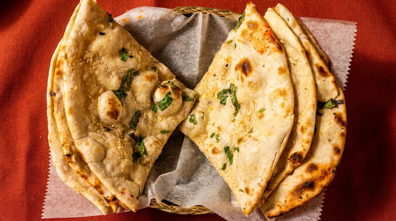 Golden-brown naan bread, garnished with cilantro and sesame seeds, served in a basket.