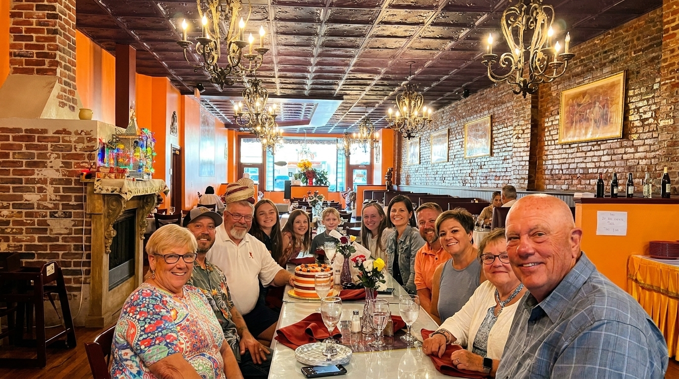 A large group of people smiling and celebrating at a long table in a restaurant with brick walls.