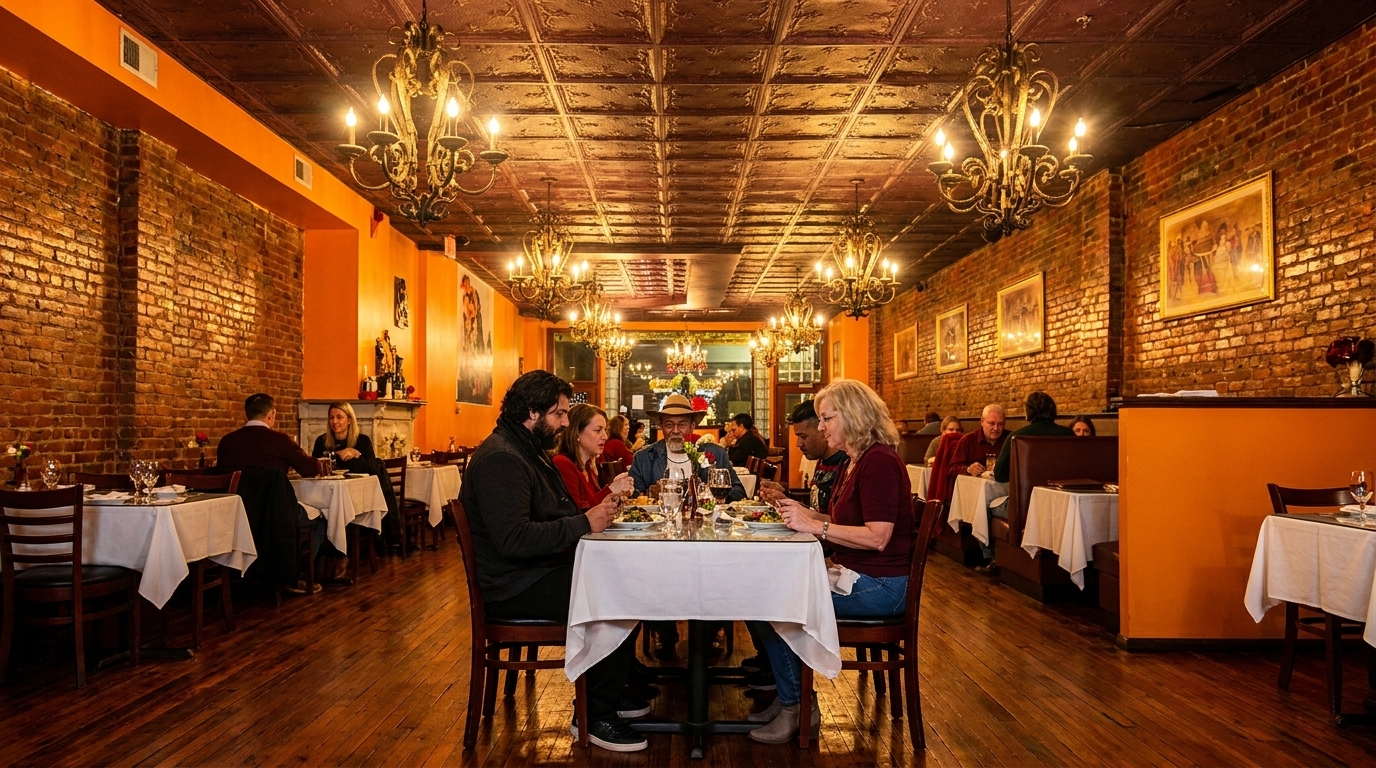 Diners seated at tables in a restaurant with brick walls, orange accents, and ornate chandeliers.