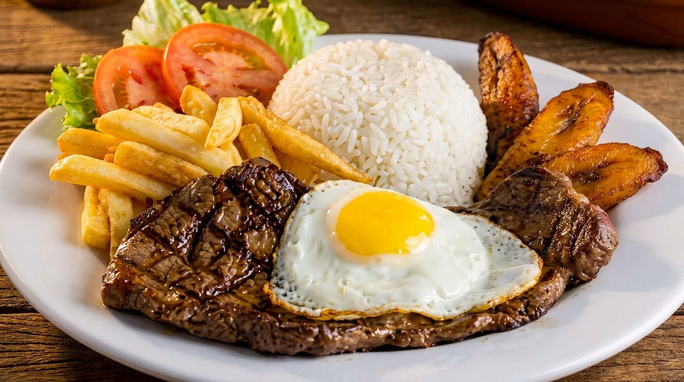 Grilled steak topped with a fried egg, served with rice, fries, plantains, and a side salad.